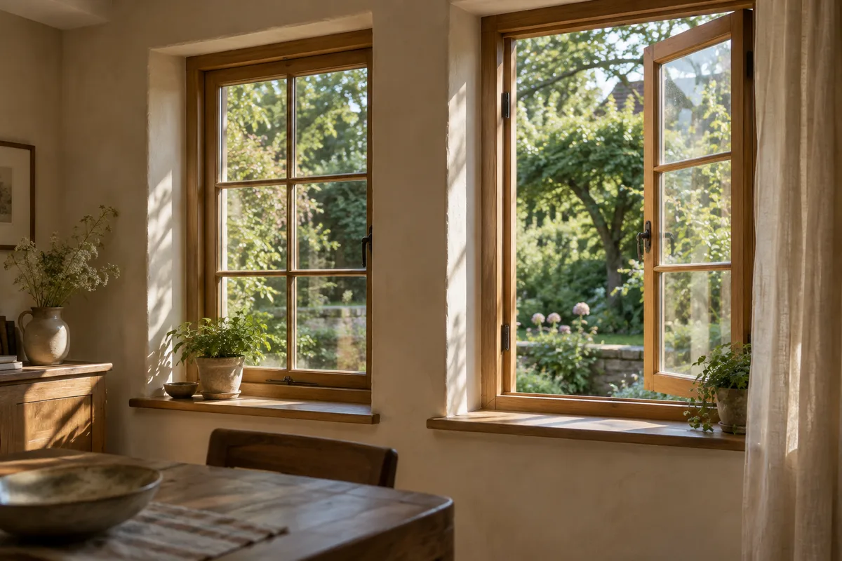 Timber-framed casement windows opening onto a green garden.