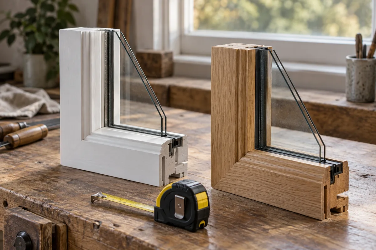 Window-frame samples and a tape measure on a timber workbench.