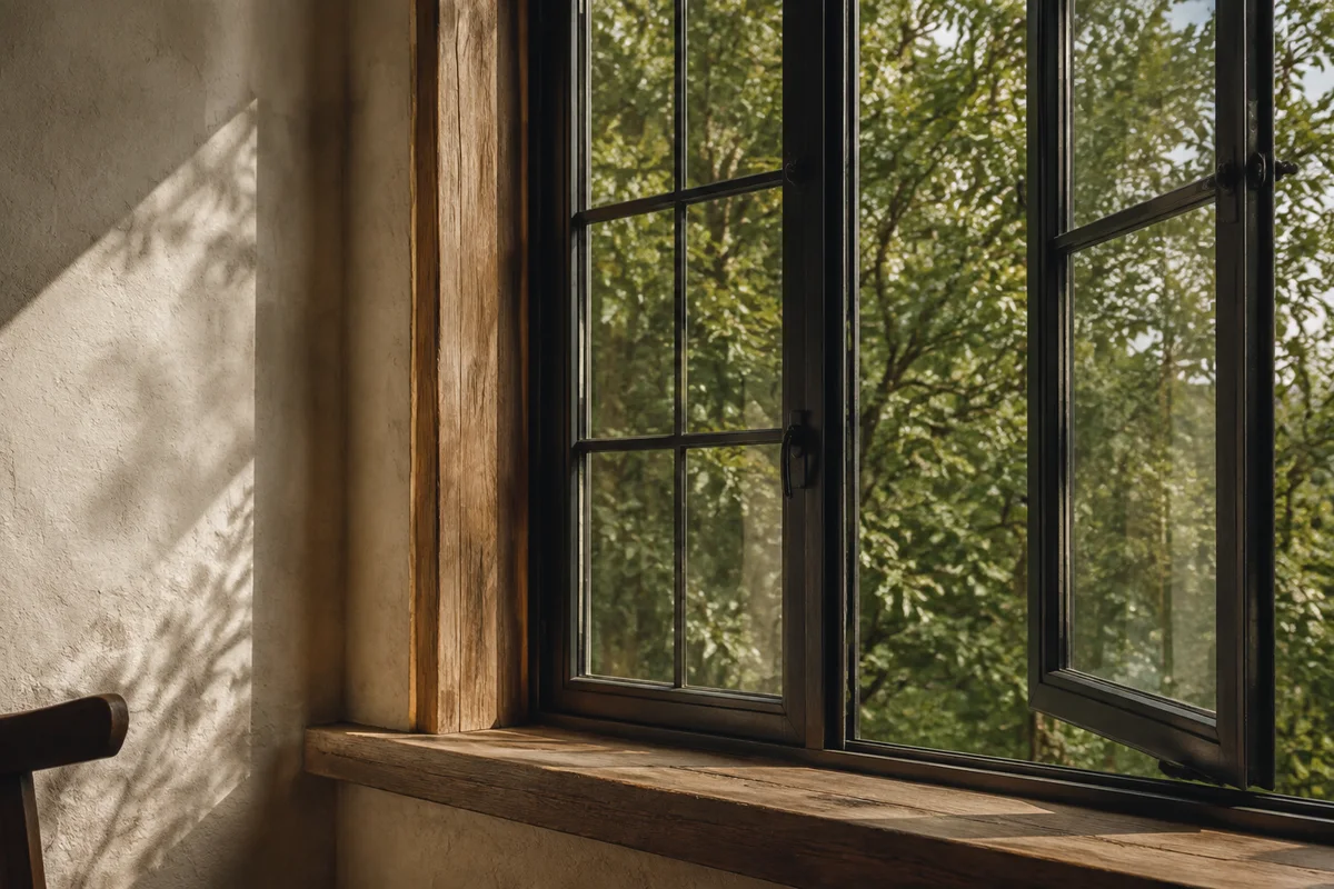 Editorial illustration of an open casement window in warm afternoon light.